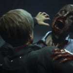 A zombie lunges at Leon Kennedy from Resident Evil 2