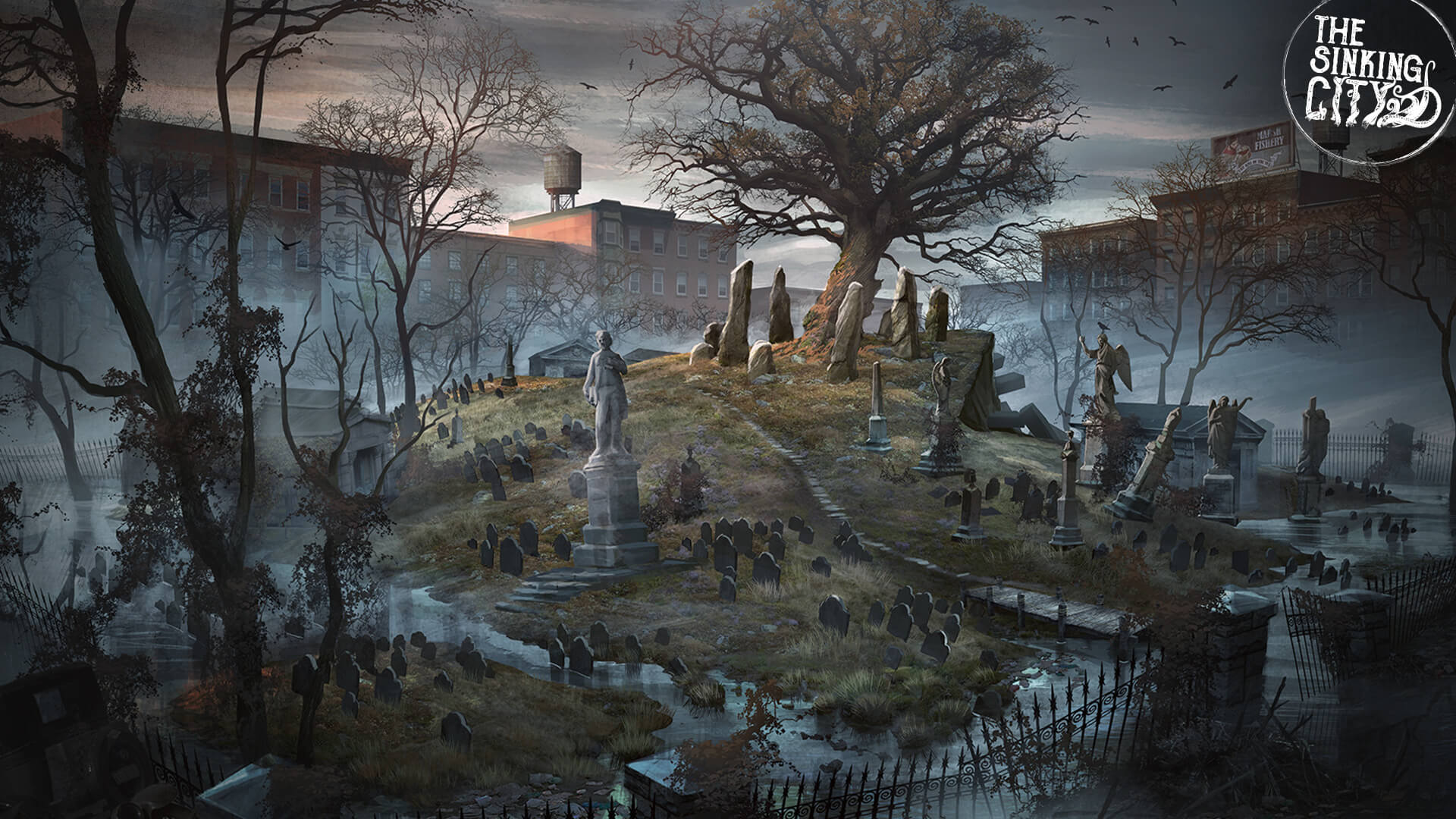 The Sinking City Concept Art of a graveyard leading up to a hill top in the middle of some surrounding buildings. At the top of the hill is a old twisted tree surrounded in a circle by giant narrow stones.