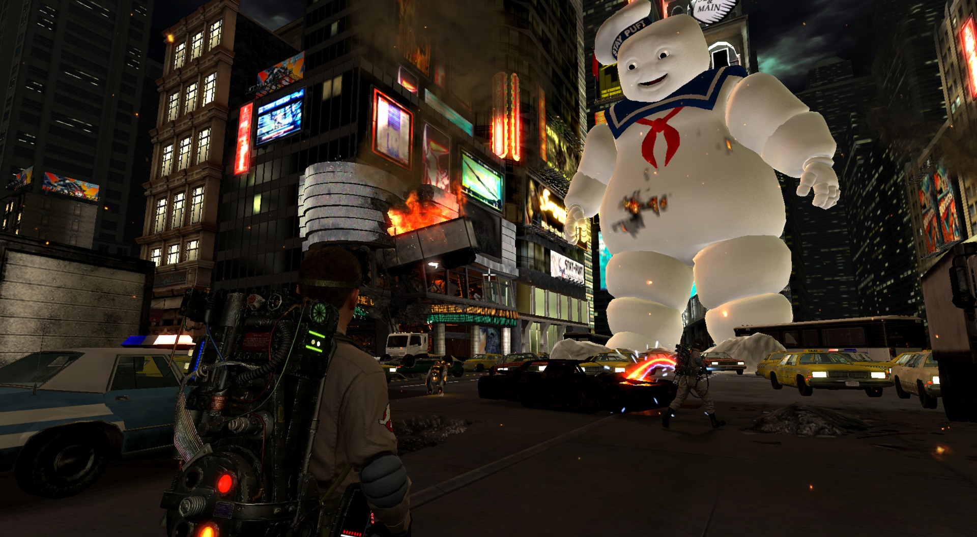 A ghostbuster stands in a ruined city street, Stay Puft Marshmallow man looms overhead