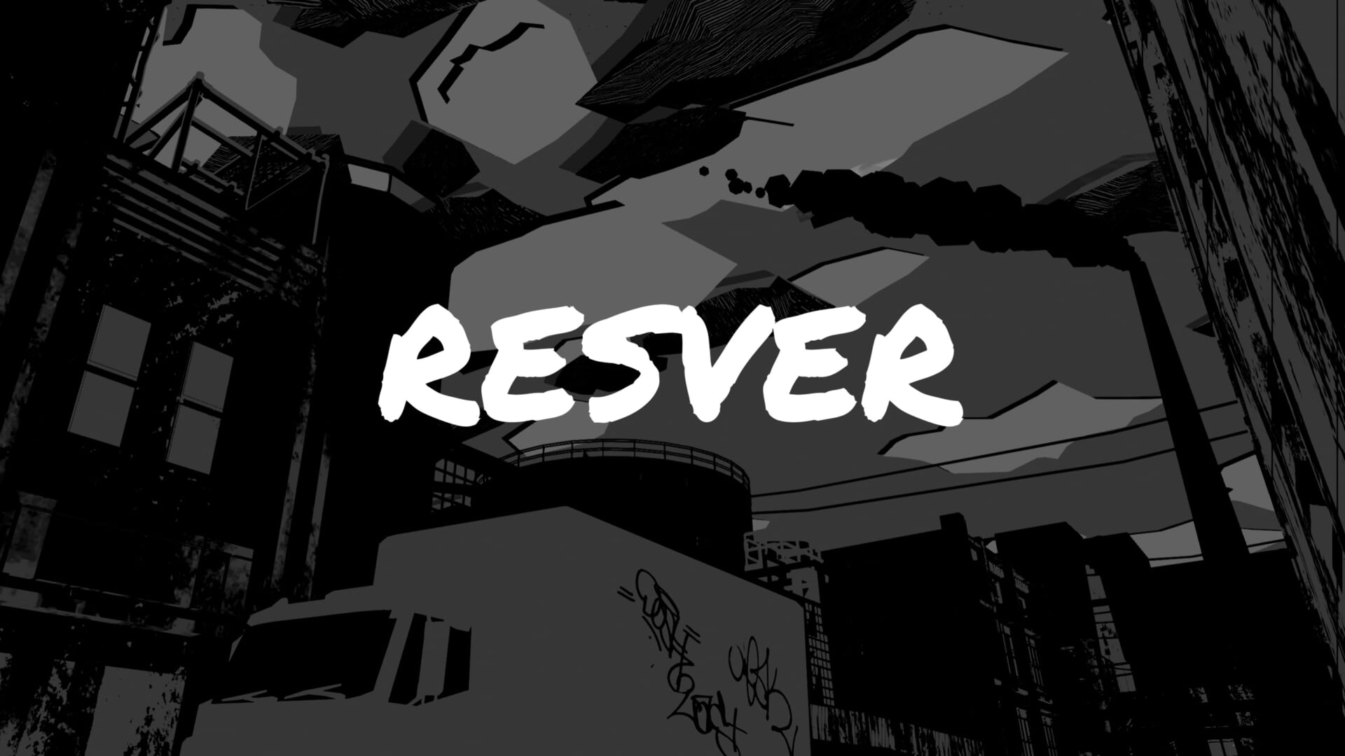 A cityscape in black and white with minimal detail. The word "Resver" is written in white at the center of the screen.