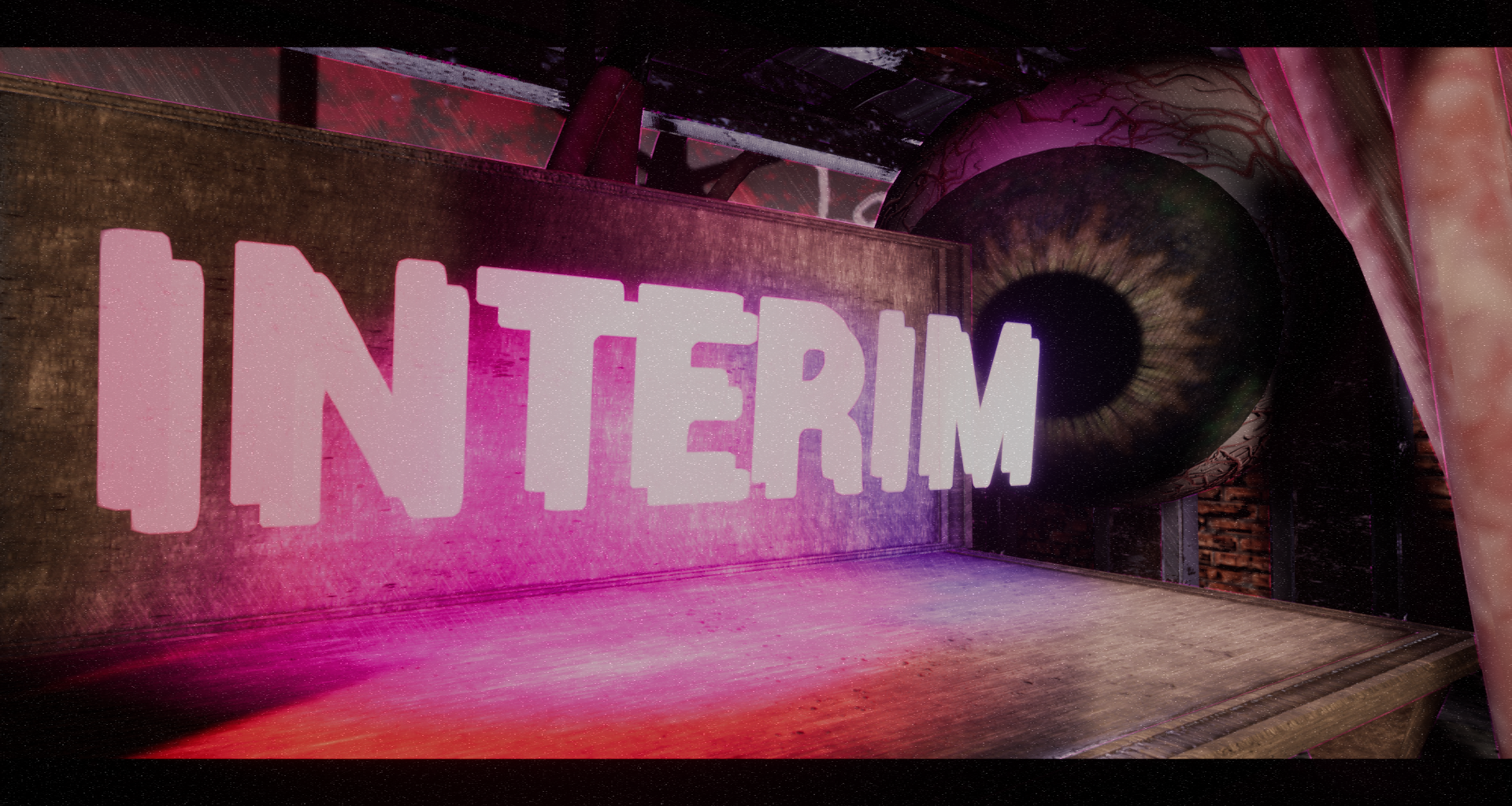 An empty stage with a pink light in the center. the word "INTERIM" is layered just ahead of the wall to create a 3D effect. A giant eyeball is  seen just behind the stage.