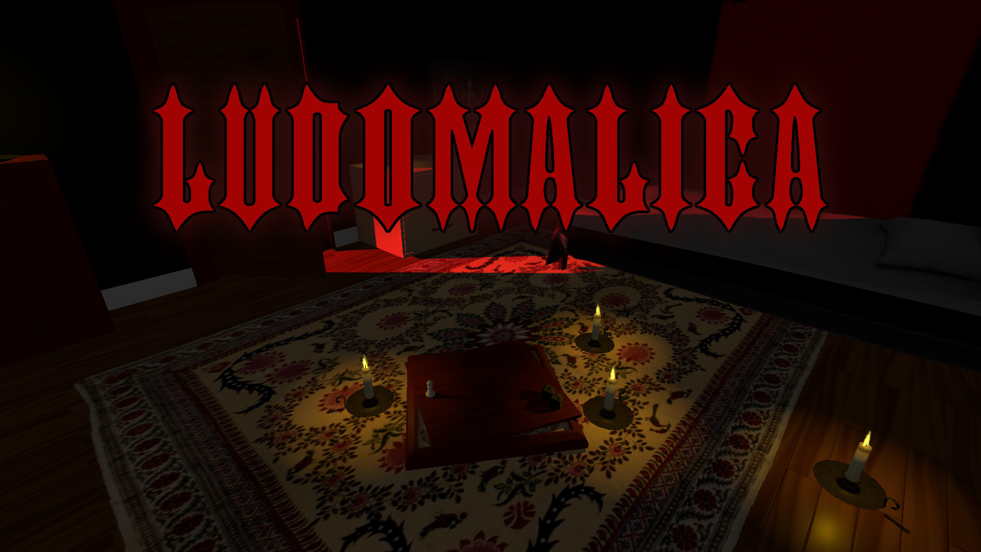 A partially opened board game sits on a rug with four lit candles nearby. A red light pours in from a partially opened door. The title "Ludomalica" is written in red, pointy text.