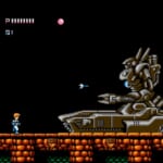 Journey to Silius - a massive humanoid tank fires at a blue-clad hero.