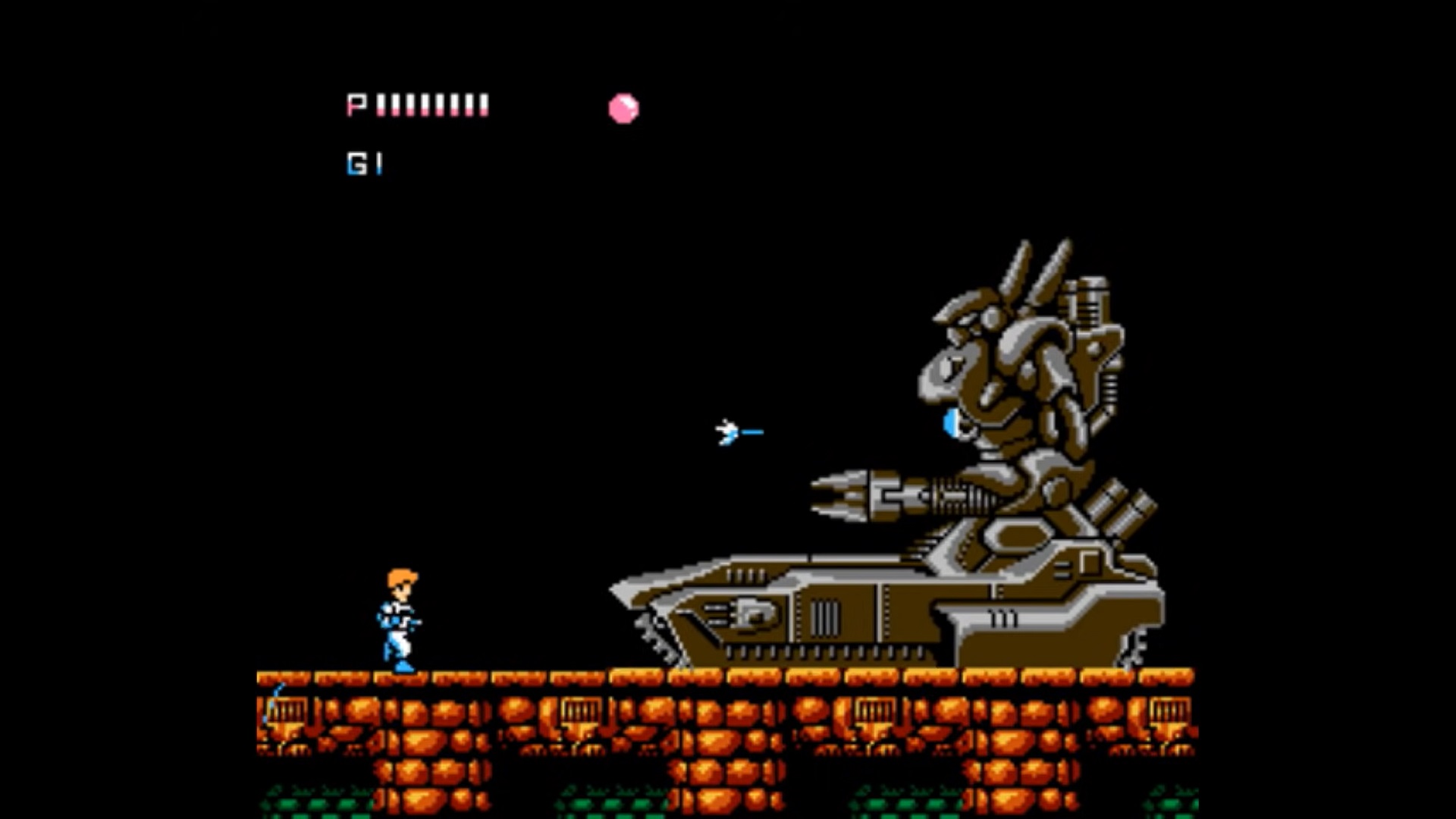 Journey to Silius - a massive humanoid tank fires at a blue-clad hero.