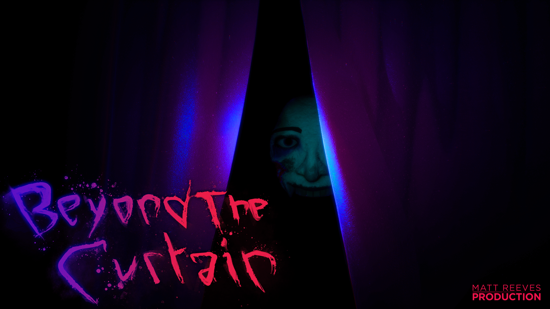 A painted face is seen from just behind a purple curtain that's only slightly opened. The words "Beyond the Curtain" are seen to the left, appearing to be splattered in paint. In the bottom right, "Matt Reeves Production" is written.