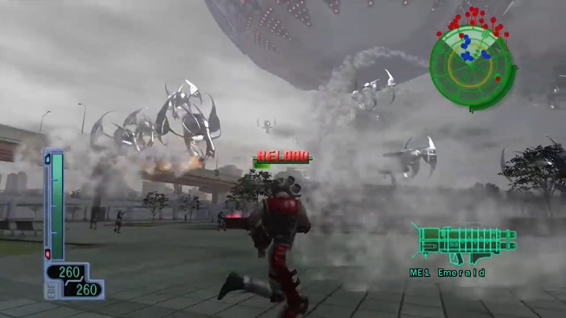 Earth Defense Force 2017 - a soldier reloads a rocket launcher as a swarm of spaceships desceneds on them
