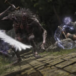 Elden Ring - a spellcaster calls up magic as an undead giant bears down on them