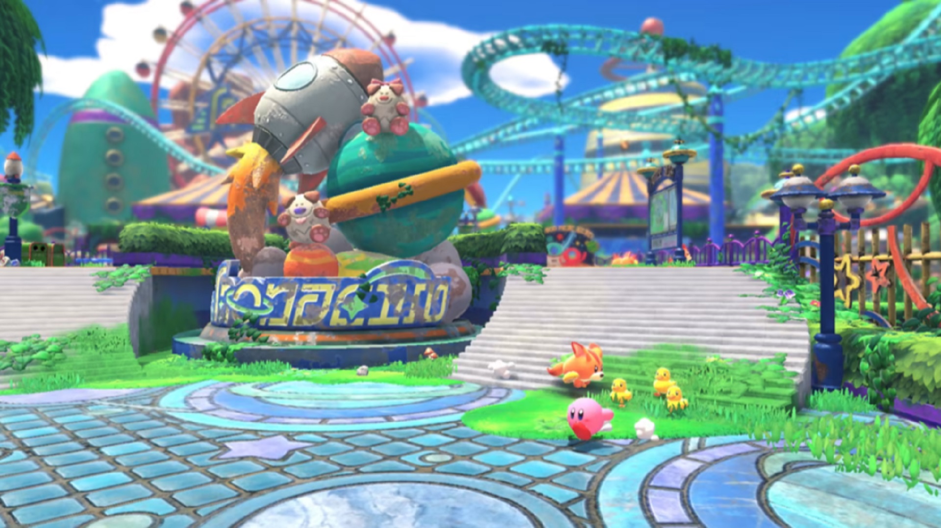 Kirby and the Forgotten Land - kirby walks by a welcome sign for an amusement park