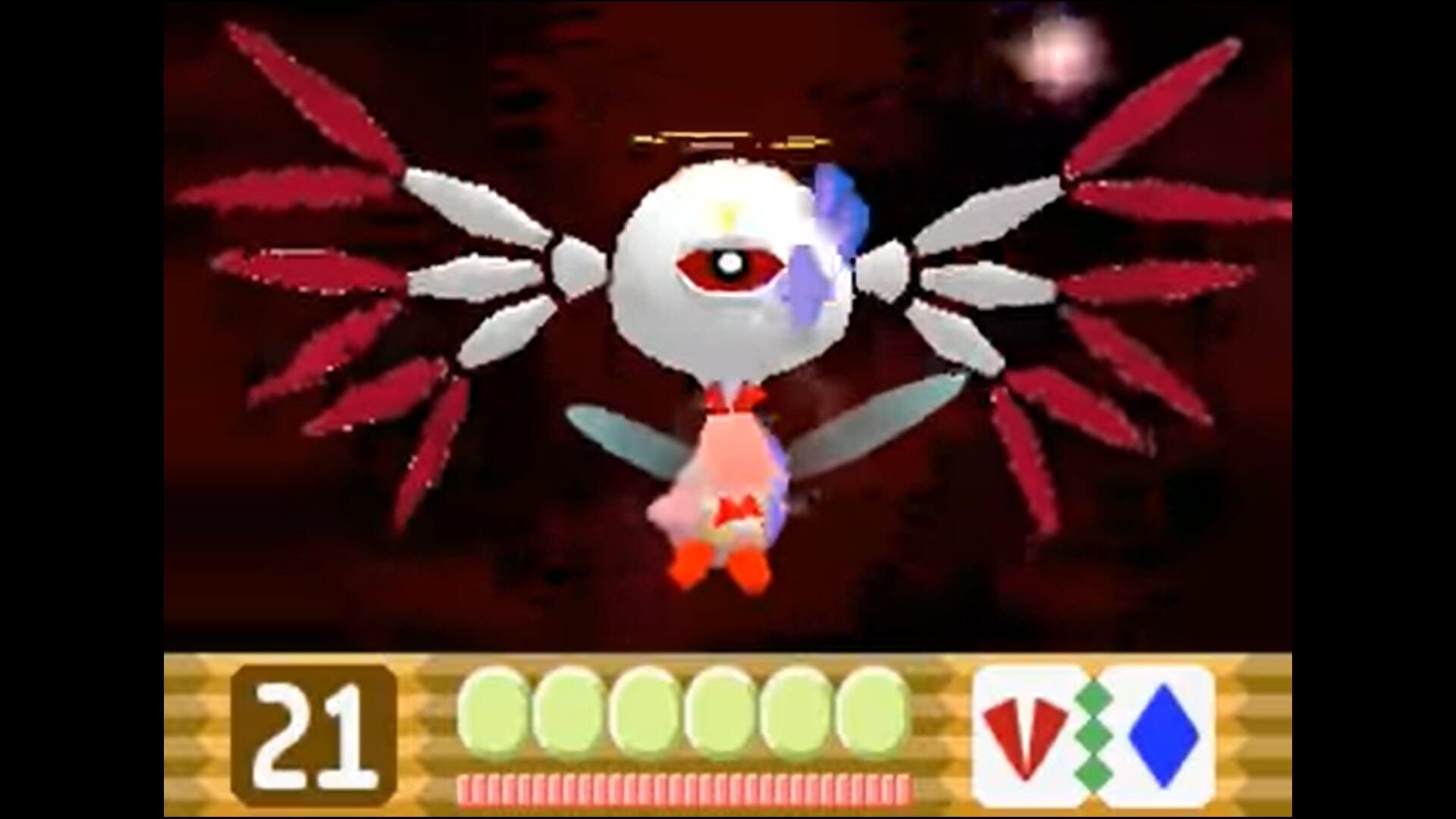 Kirby faces down a white, angelic creature with a single red