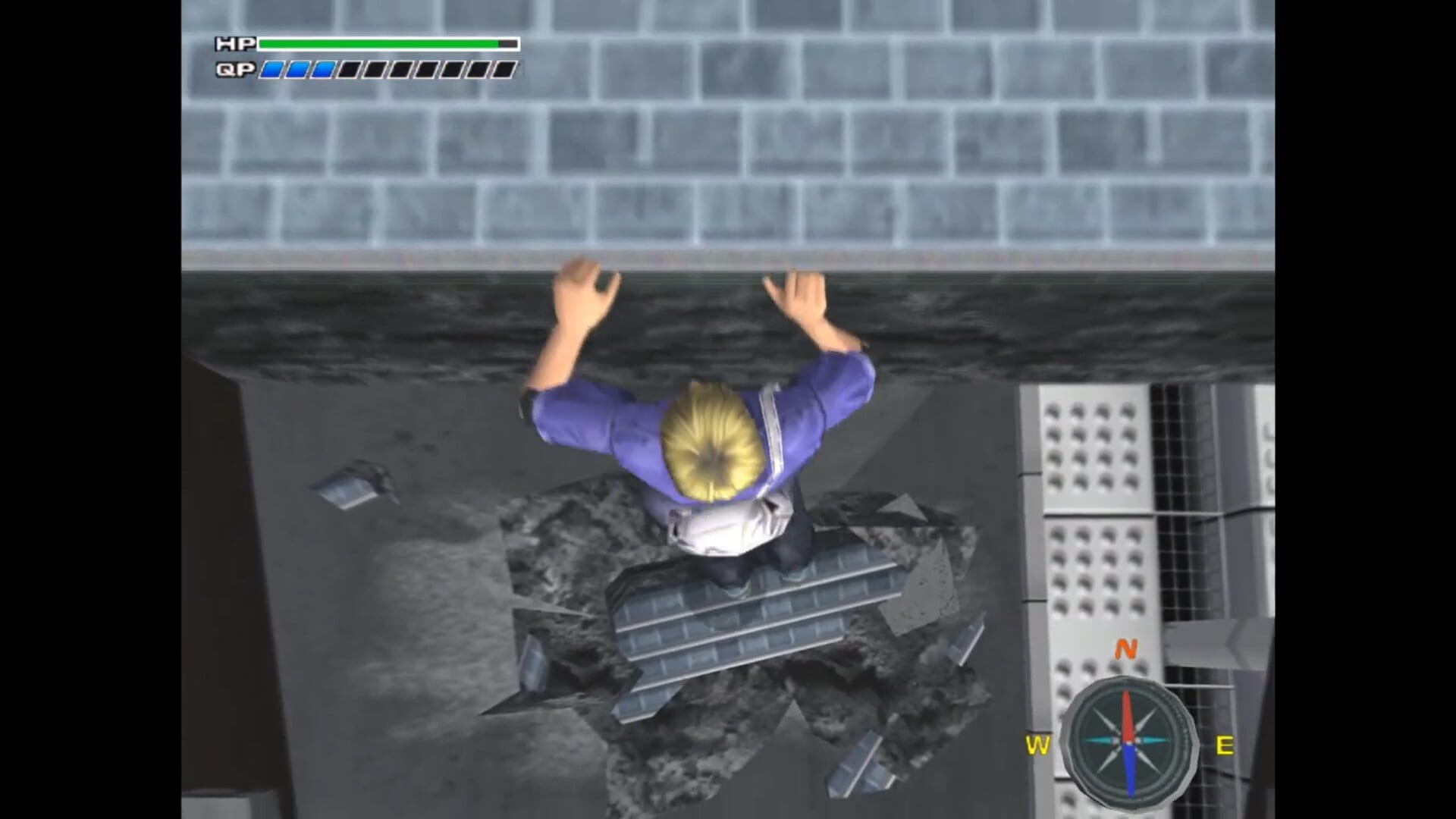 disaster report - a man clings to a broken bridge above a long fall
