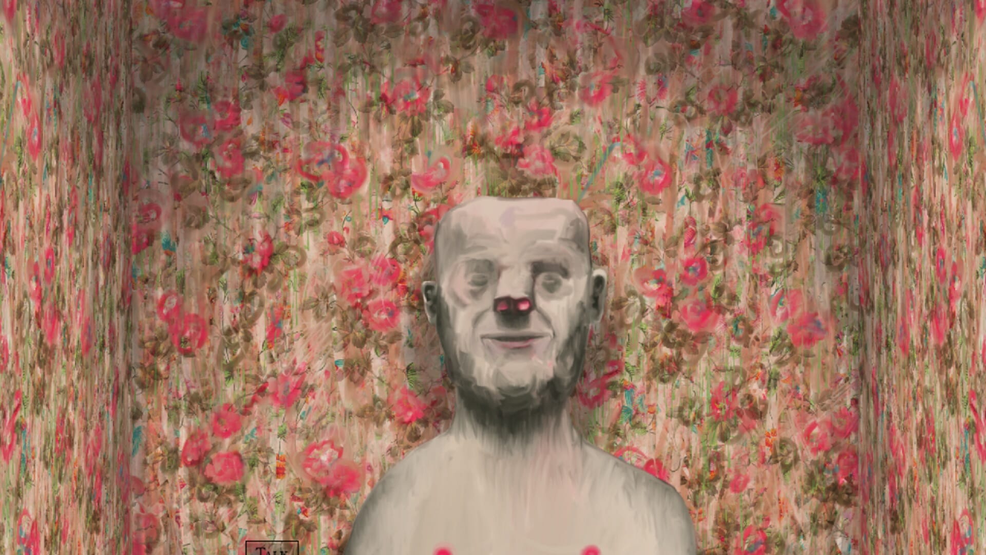 Springtime in the Flower Chamber - a pale, shirtless man stands in front of faded flower wallpaper